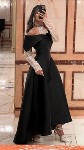 Vestido de noche elegante de satén negro de corte A, vestido de cena negro Y6700